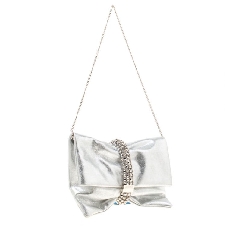 Pre Owned Jimmy Choo Silver Leather Maxi Crystal Bracelet Embellished Chandra Clutch