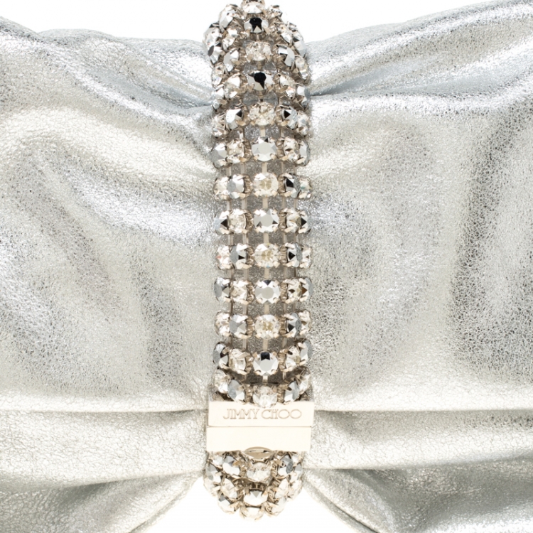 Pre Owned Jimmy Choo Silver Leather Maxi Crystal Bracelet Embellished Chandra Clutch