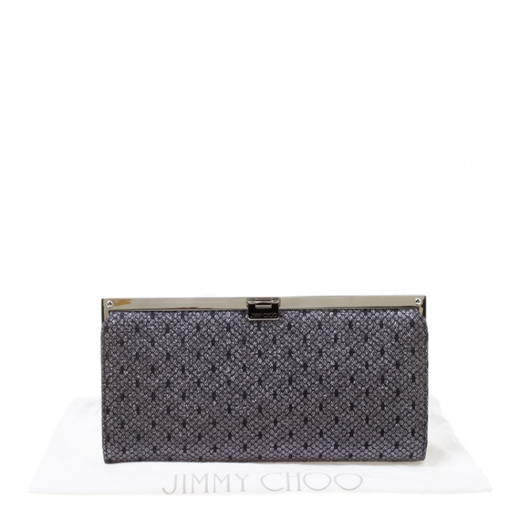 Pre Owned Jimmy Choo Black/Silver Lace and Glitter Fabric Camille Clutch