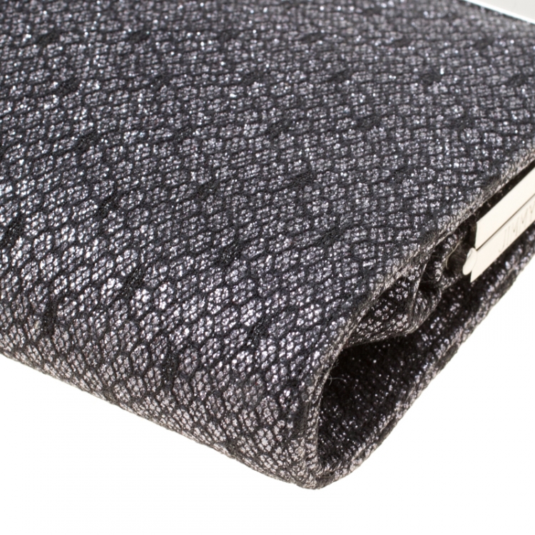 Pre Owned Jimmy Choo Black/Silver Lace and Glitter Fabric Camille Clutch