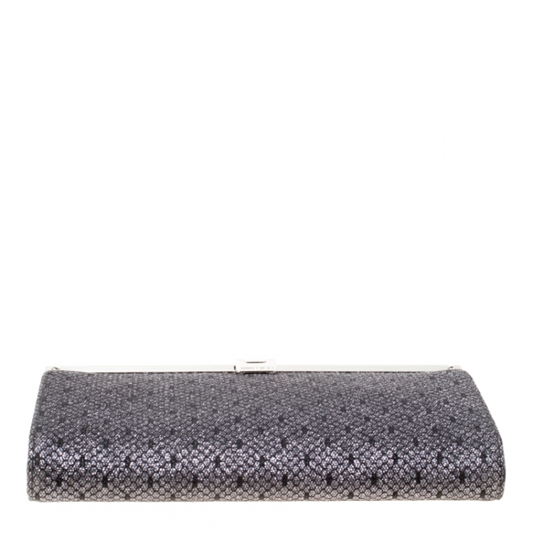 Pre Owned Jimmy Choo Black/Silver Lace and Glitter Fabric Camille Clutch