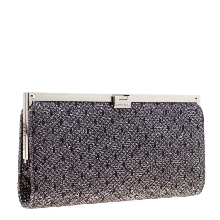 Pre Owned Jimmy Choo Black/Silver Lace and Glitter Fabric Camille Clutch
