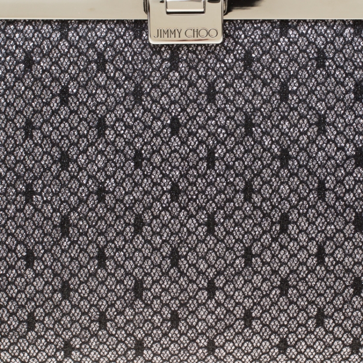 Pre Owned Jimmy Choo Black/Silver Lace and Glitter Fabric Camille Clutch