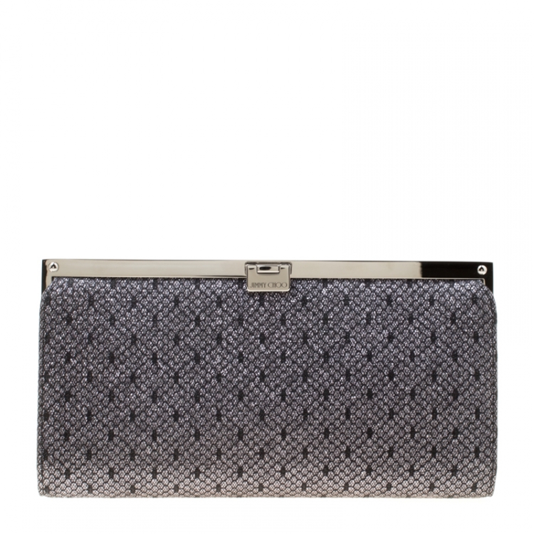 Pre Owned Jimmy Choo Black/Silver Lace and Glitter Fabric Camille Clutch