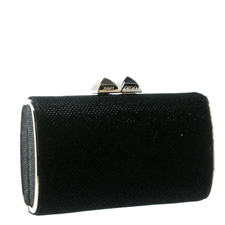 Pre Owned Jimmy Choo Black Glitter Fabric Mini Tube Clutch
