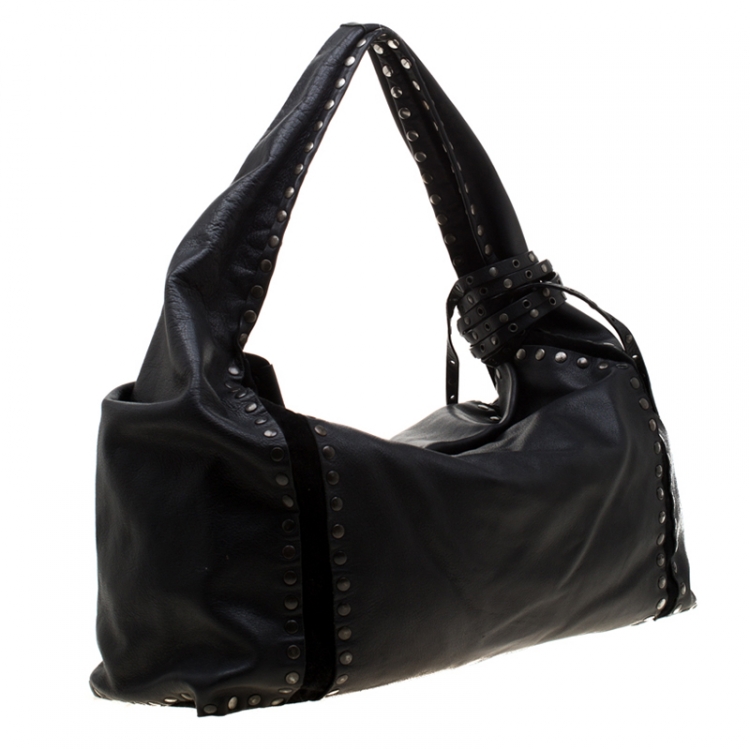 Pre Owned Jimmy Choo Black Leather and Suede Studded Saba Hobo