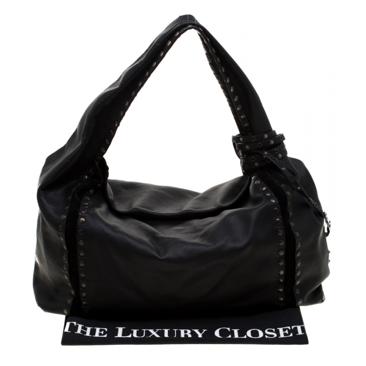 Pre Owned Jimmy Choo Black Leather and Suede Studded Saba Hobo