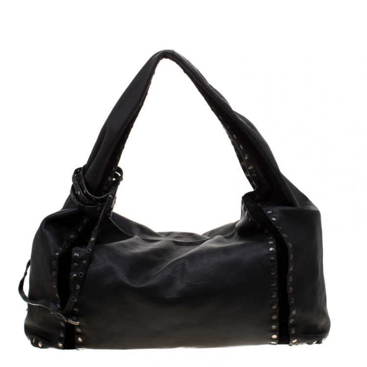 Pre Owned Jimmy Choo Black Leather and Suede Studded Saba Hobo