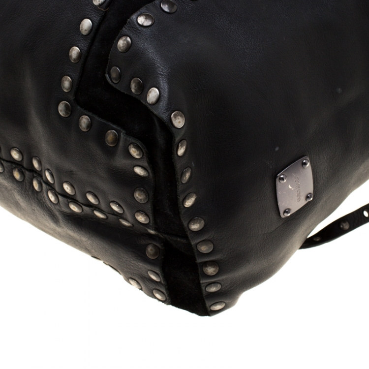 Pre Owned Jimmy Choo Black Leather and Suede Studded Saba Hobo