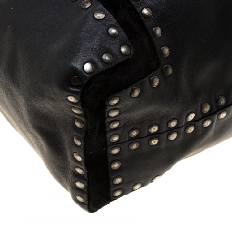Pre Owned Jimmy Choo Black Leather and Suede Studded Saba Hobo