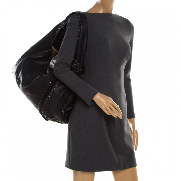 Pre Owned Jimmy Choo Black Leather and Suede Studded Saba Hobo