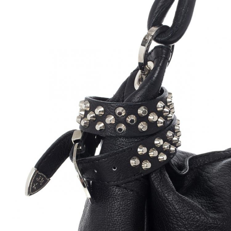 Pre Owned Jimmy Choo Black Leather Sky Studded Belt Hobo Bag