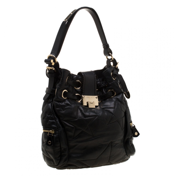 Pre Owned Jimmy Choo Black Leather and Snakeskin Trim RIki Side Pocket Hobo