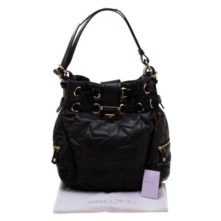 Pre Owned Jimmy Choo Black Leather and Snakeskin Trim RIki Side Pocket Hobo