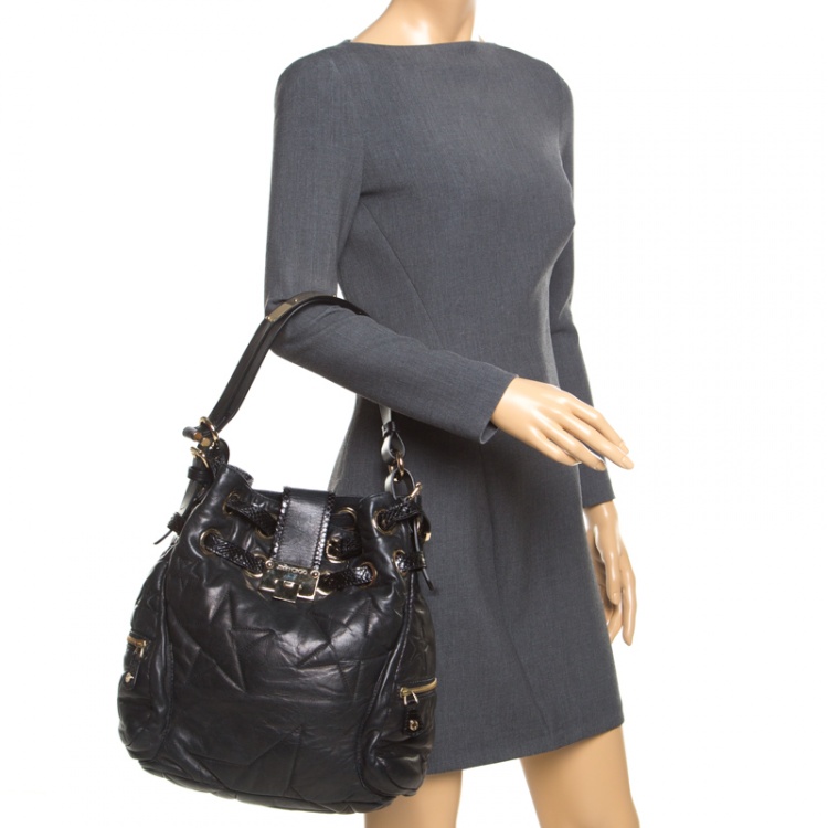 Pre Owned Jimmy Choo Black Leather and Snakeskin Trim RIki Side Pocket Hobo