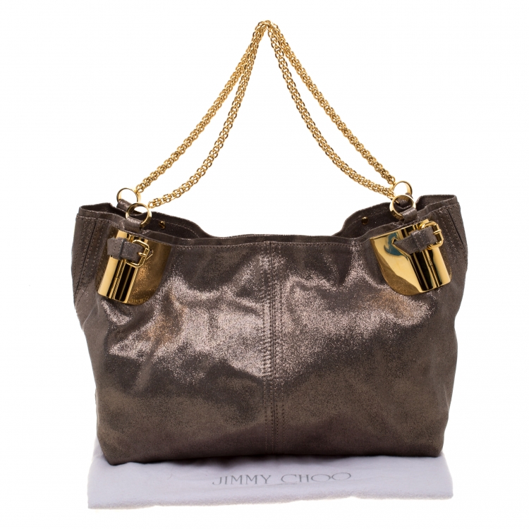 Pre Owned Jimmy Choo Grey Shimmering Leather Chain Tote