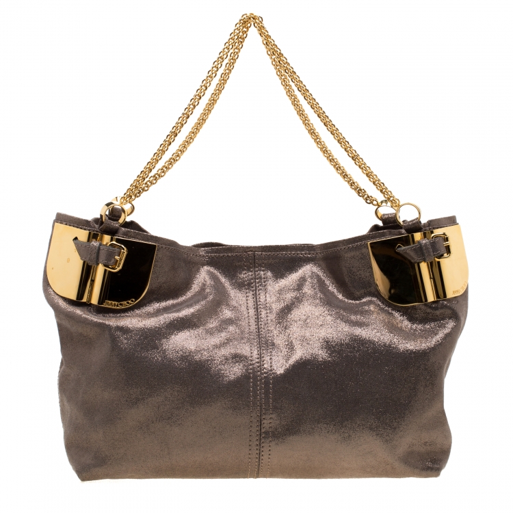 Pre Owned Jimmy Choo Grey Shimmering Leather Chain Tote