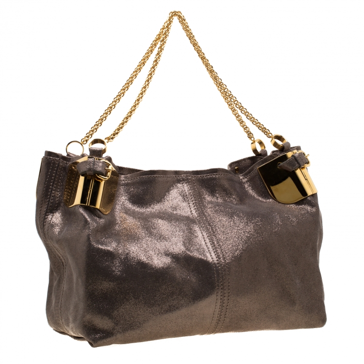 Pre Owned Jimmy Choo Grey Shimmering Leather Chain Tote