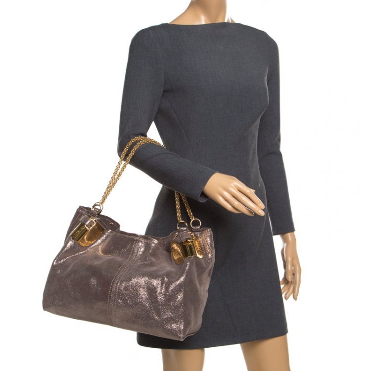 Pre Owned Jimmy Choo Grey Shimmering Leather Chain Tote