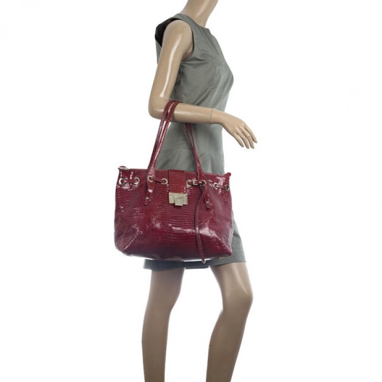 Pre Owned Jimmy Choo Red Lizard Embossed Patent Leather Rhea Shopper Tote Bag