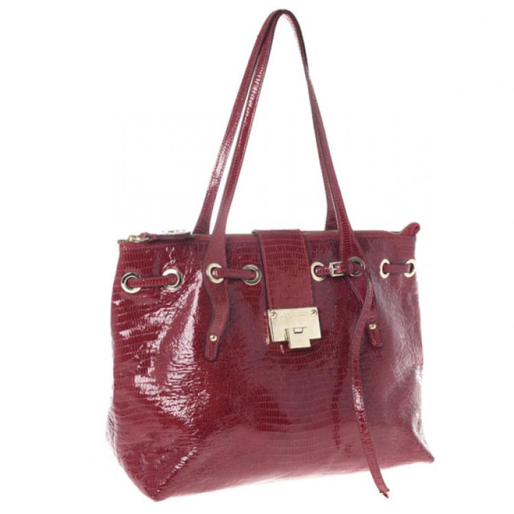 Pre Owned Jimmy Choo Red Lizard Embossed Patent Leather Rhea Shopper Tote Bag