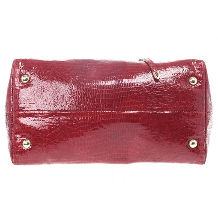 Pre Owned Jimmy Choo Red Lizard Embossed Patent Leather Rhea Shopper Tote Bag