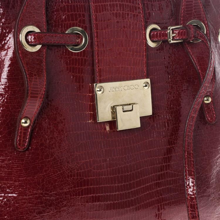 Pre Owned Jimmy Choo Red Lizard Embossed Patent Leather Rhea Shopper Tote Bag