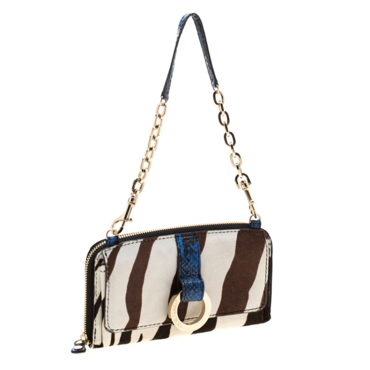 Pre Owned Jimmy Choo Multicolor Zebra Print Calfhair and Snakeskin Embossed Zip Around Wallet on Chain