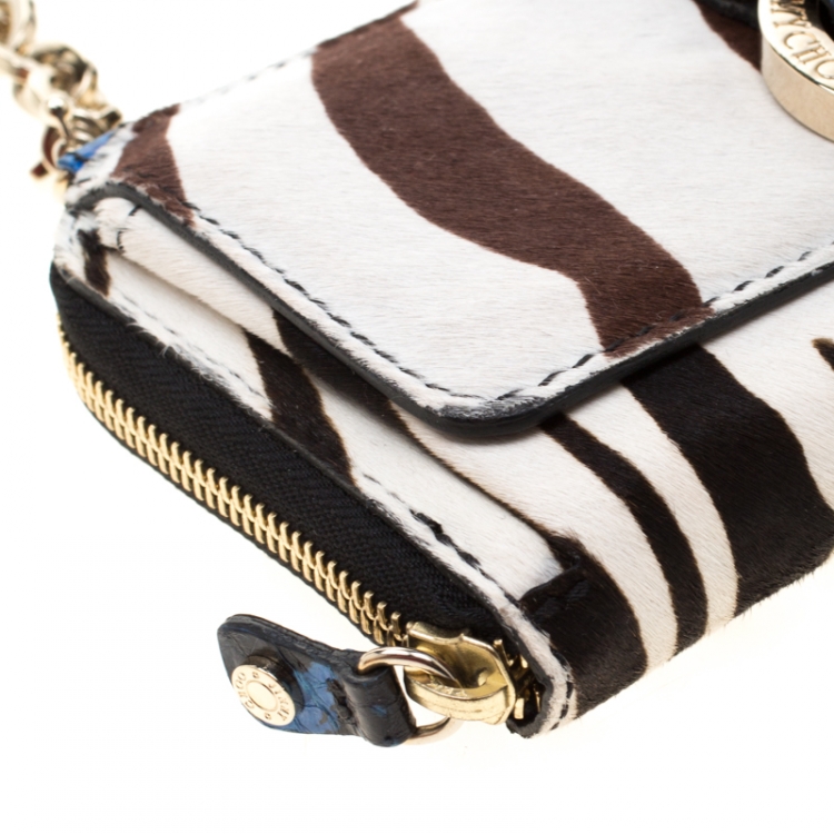 Pre Owned Jimmy Choo Multicolor Zebra Print Calfhair and Snakeskin Embossed Zip Around Wallet on Chain
