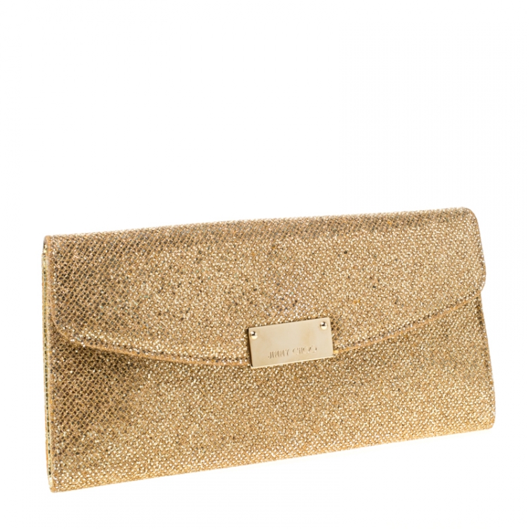 Pre Owned Jimmy Choo Gold Lame Glitter Riane Clutch
