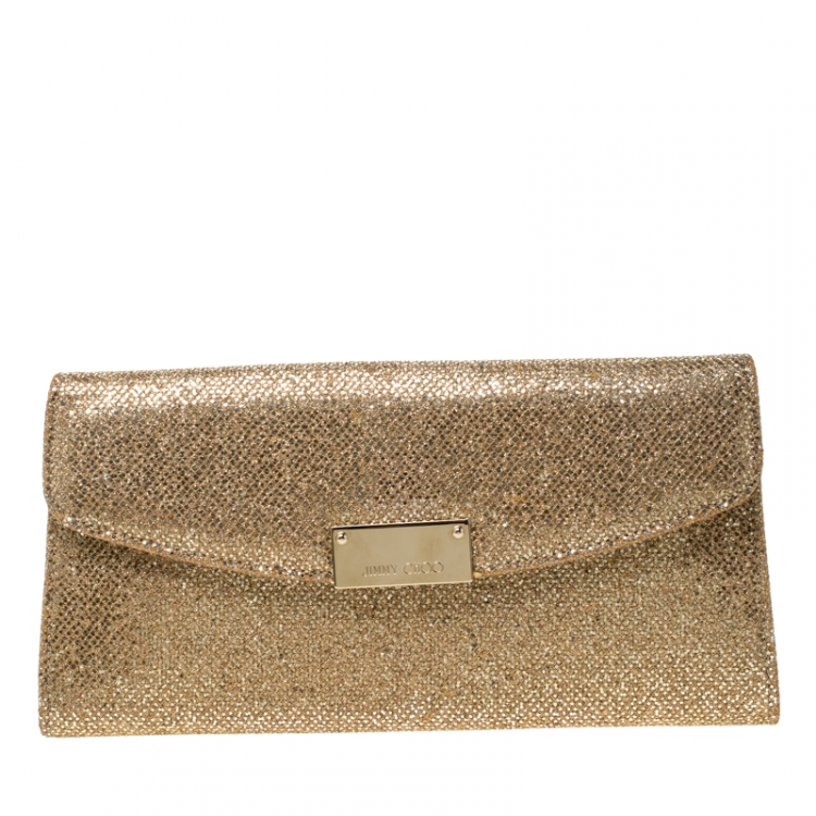 Pre Owned Jimmy Choo Gold Lame Glitter Riane Clutch