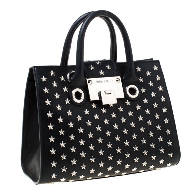 Pre Owned Jimmy Choo Black Star Studded Leather Riley Top Handle Bag