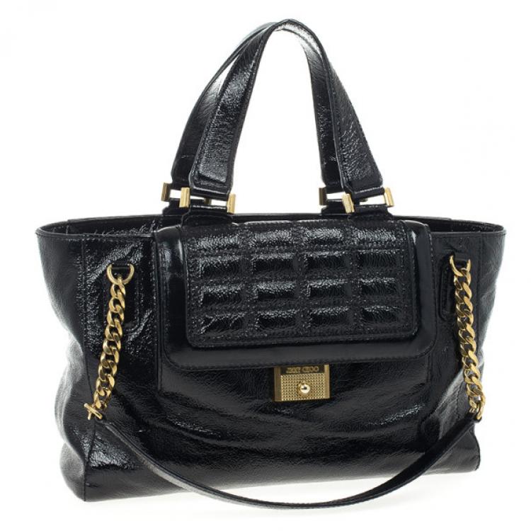 Pre Owned Jimmy Choo Black Patent Leather 'Camille' Quilted Pocket Tote