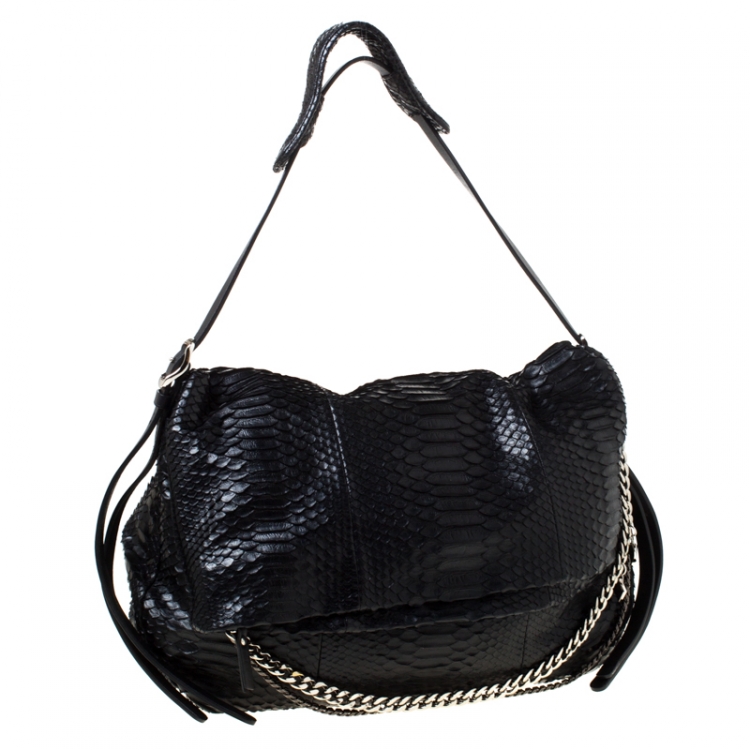 Pre Owned Jimmy Choo Black Python Leather Boho Biker Hobo
