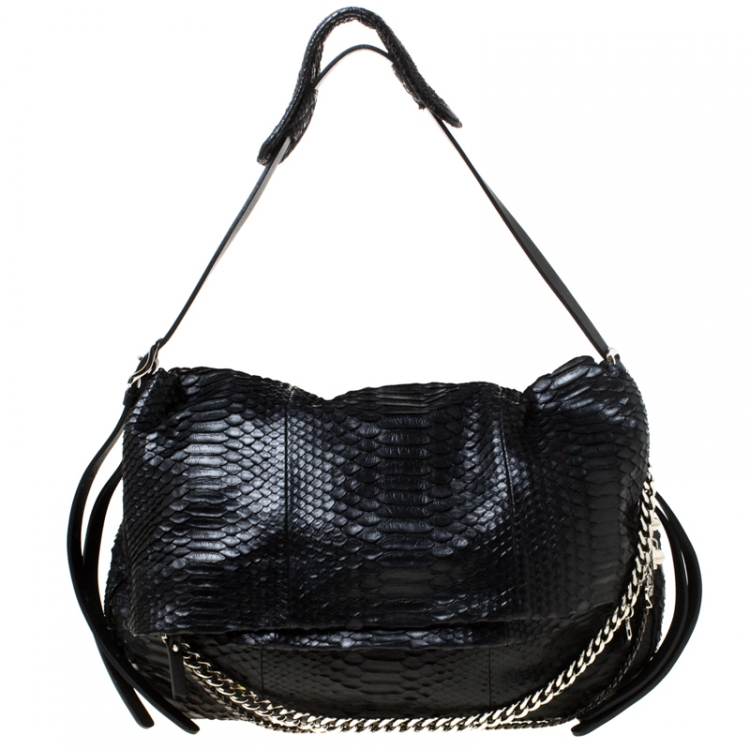 Pre Owned Jimmy Choo Black Python Leather Boho Biker Hobo