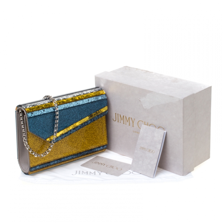 Pre Owned Jimmy Choo Blue/Gold Shimmering Acrylic Candy Clutch Bag