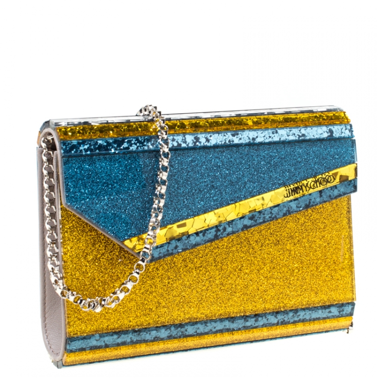 Pre Owned Jimmy Choo Blue/Gold Shimmering Acrylic Candy Clutch Bag