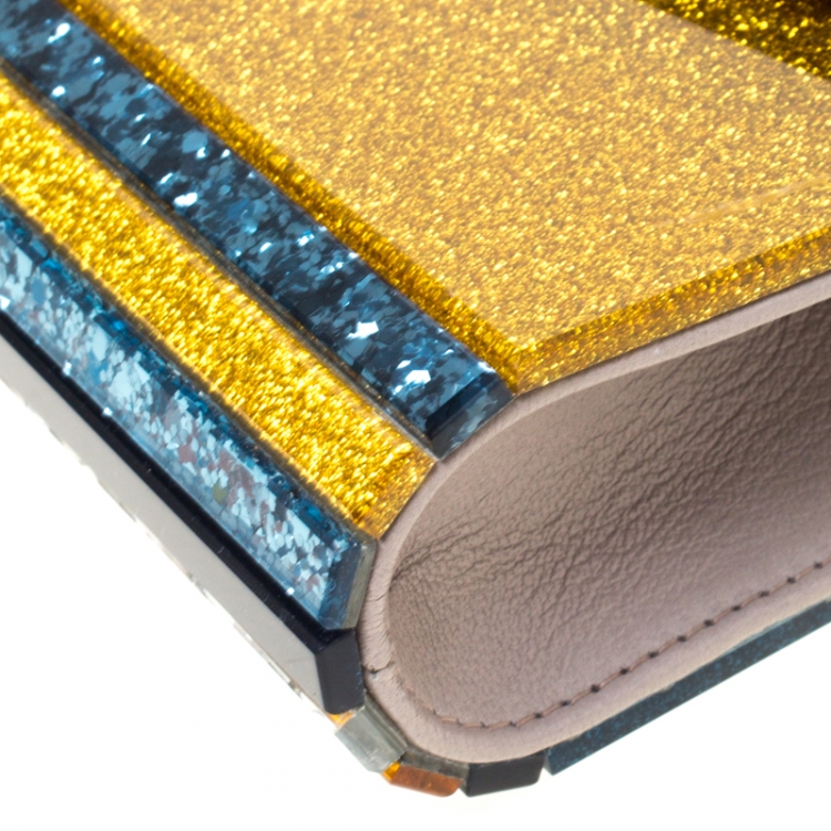 Pre Owned Jimmy Choo Blue/Gold Shimmering Acrylic Candy Clutch Bag