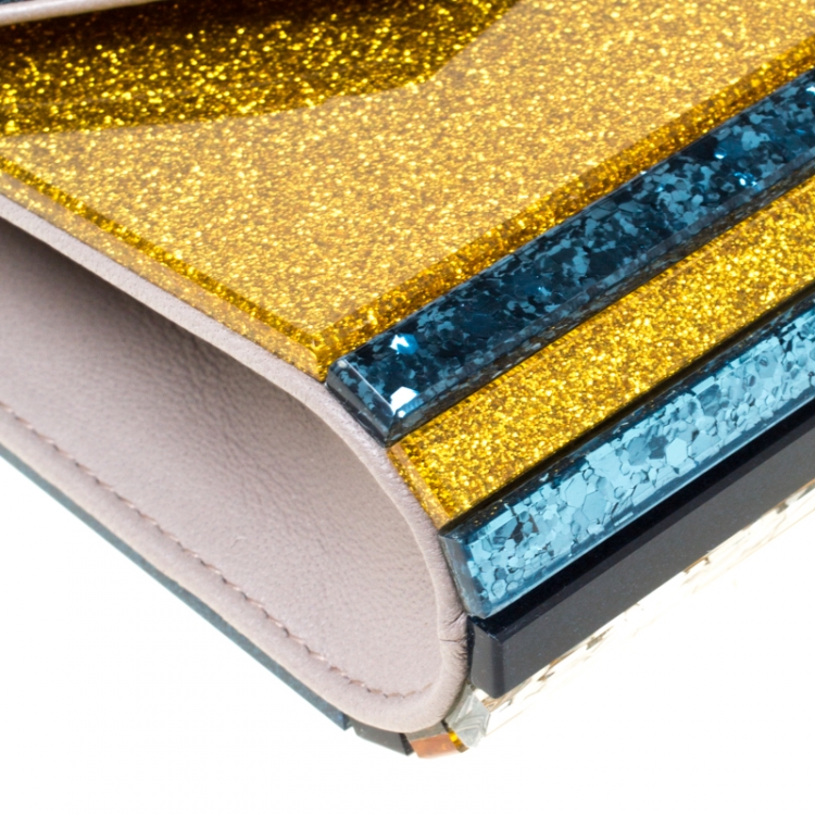 Pre Owned Jimmy Choo Blue/Gold Shimmering Acrylic Candy Clutch Bag