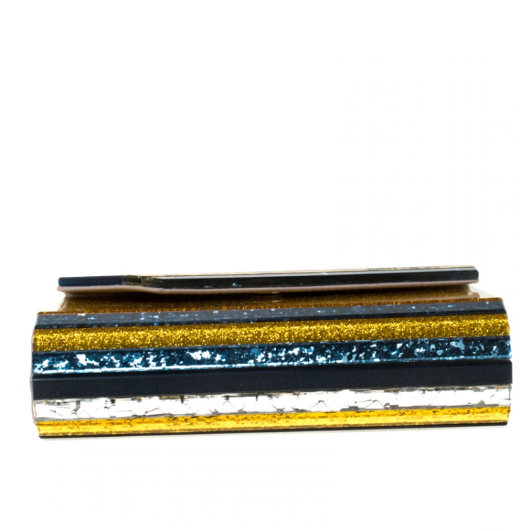 Pre Owned Jimmy Choo Blue/Gold Shimmering Acrylic Candy Clutch Bag