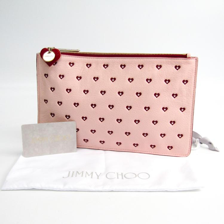 Pre Owned Jimmy Choo Pink Leather Sweet Heart Clutch Bag 