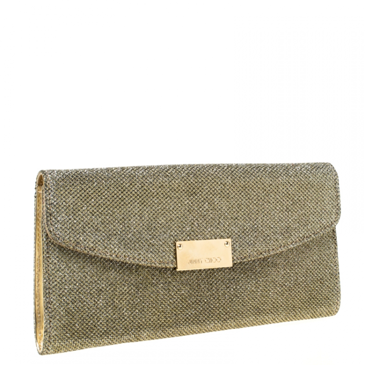 Pre Owned Jimmy Choo Gold  Lace and Glitter Fabric Riane Clutch  
