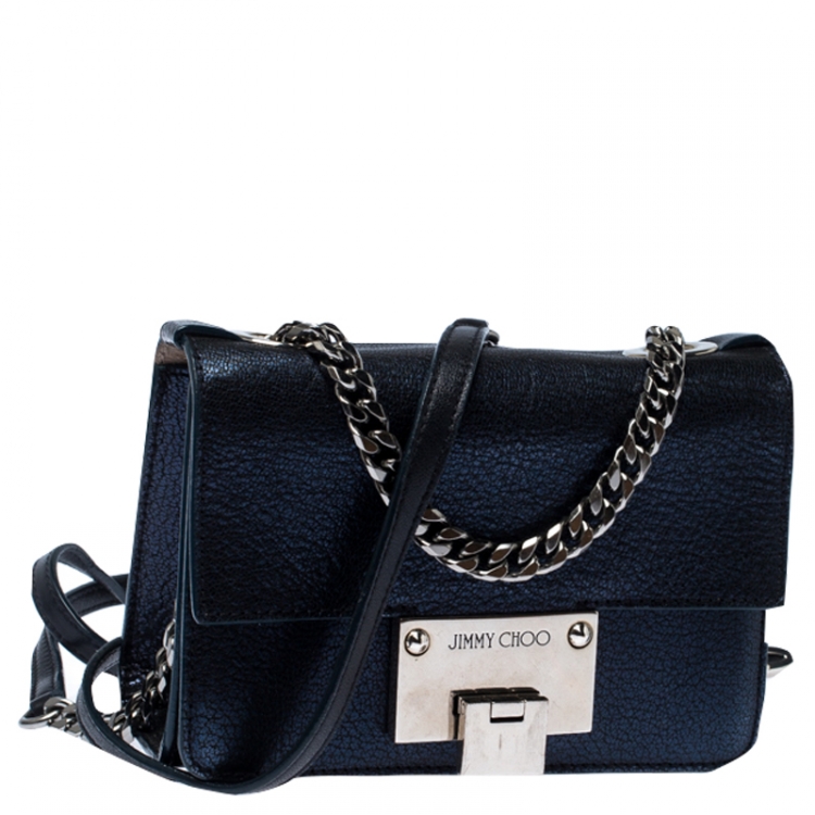 Pre Owned Jimmy Choo Metallic Blue Leather Rebel Crossbody Bag