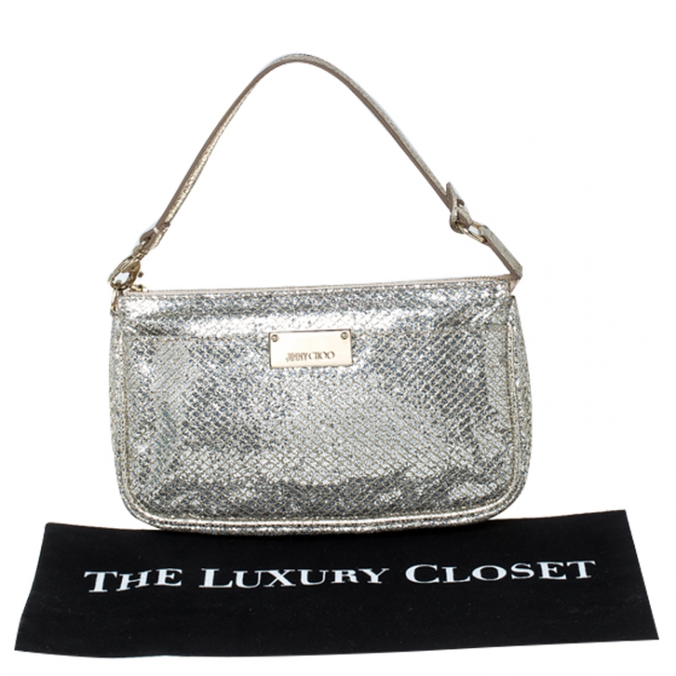 Pre Owned Jimmy Choo Gold Glitter Top Zip Pochette Bag