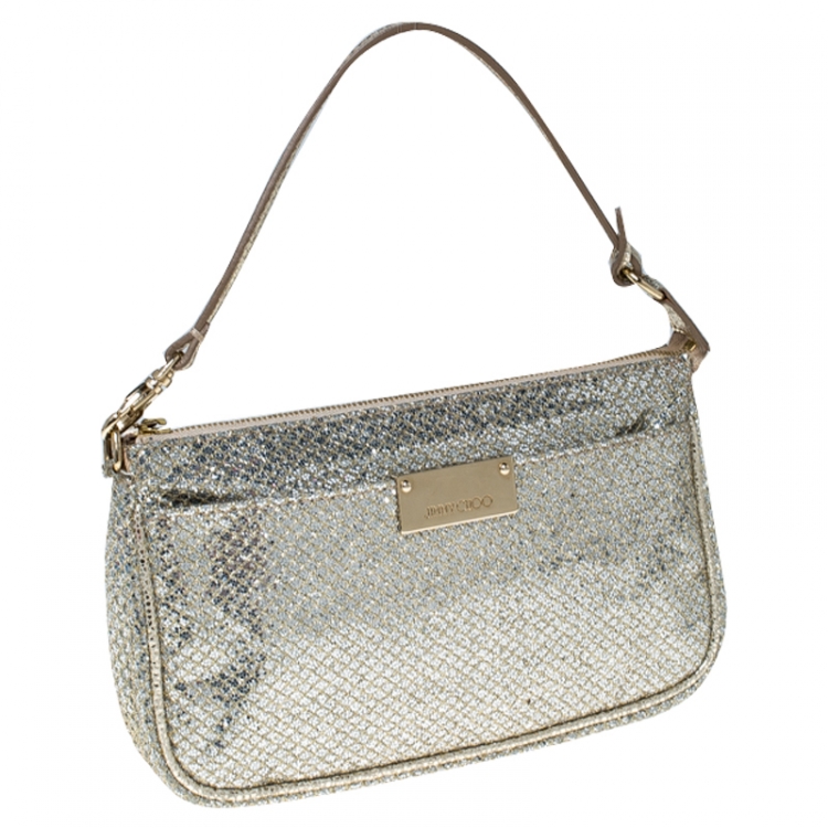 Pre Owned Jimmy Choo Gold Glitter Top Zip Pochette Bag