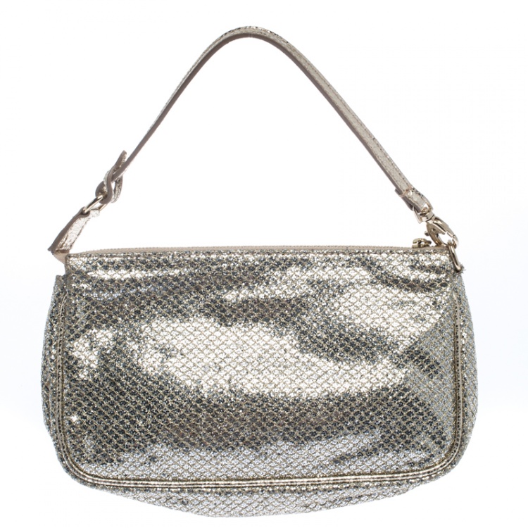 Pre Owned Jimmy Choo Gold Glitter Top Zip Pochette Bag