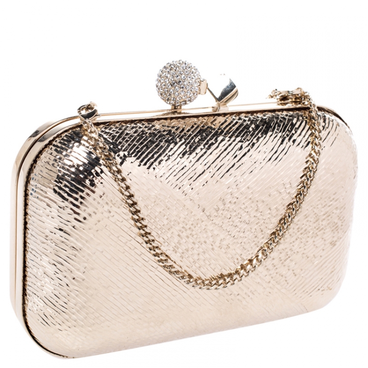 Pre Owned Jimmy Choo Gold Metal Cloud Motif Etched Clutch