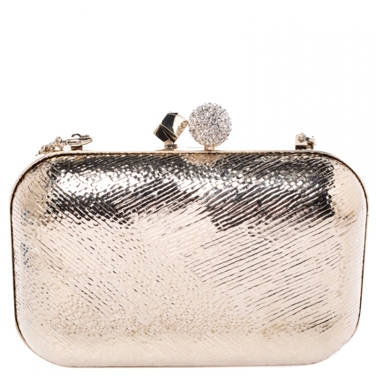 Pre Owned Jimmy Choo Gold Metal Cloud Motif Etched Clutch