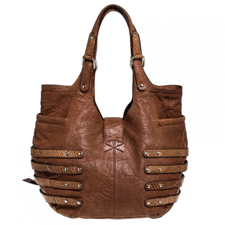مملوكة مسبقًا Jimmy Choo Brown Leather and Snakeskin Trim Bree Hobo