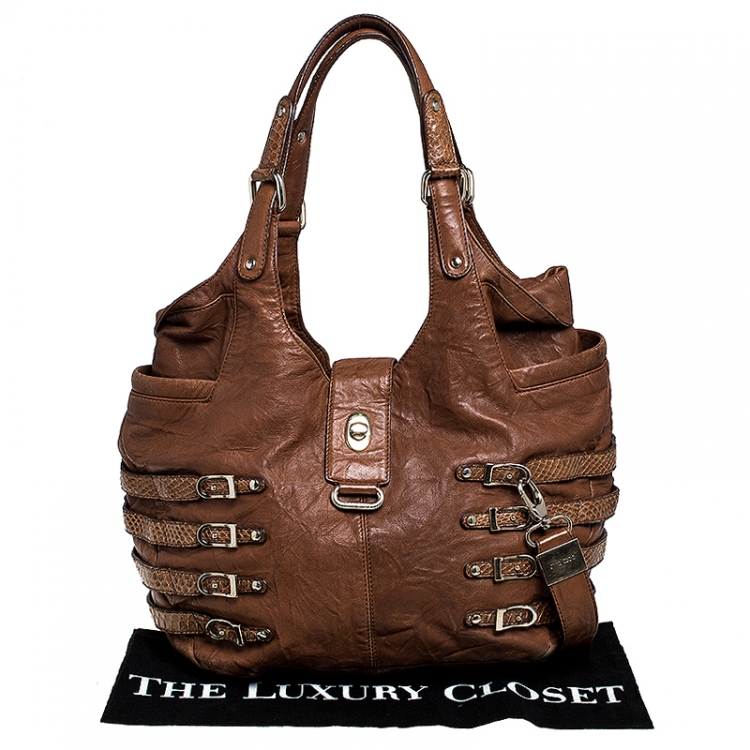 مملوكة مسبقًا Jimmy Choo Brown Leather and Snakeskin Trim Bree Hobo